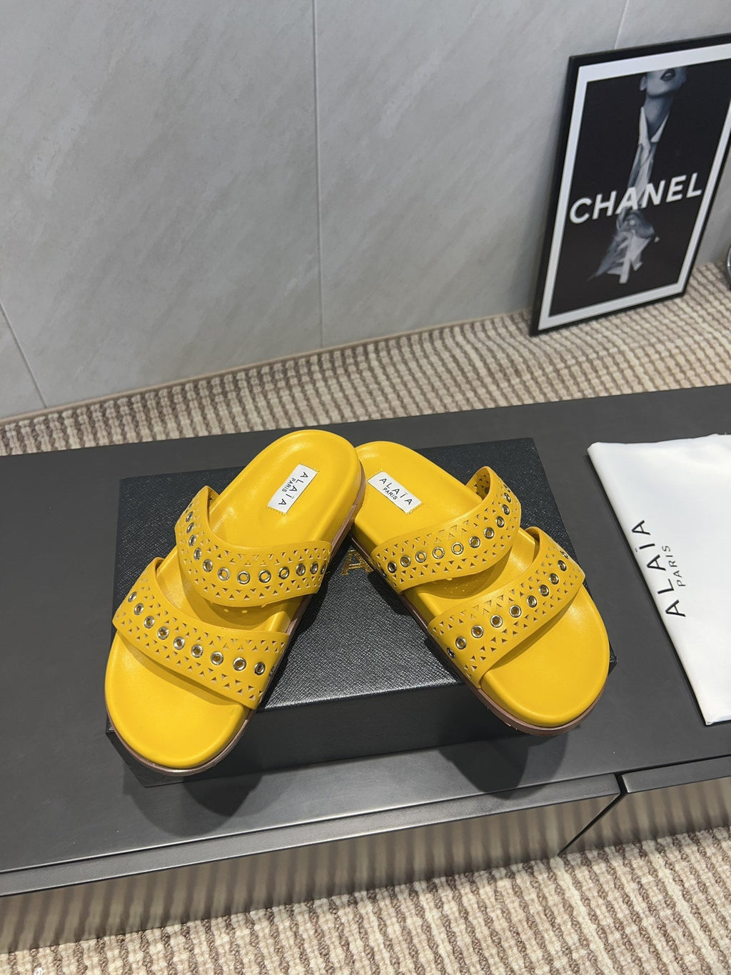 ALAIA DOUBLE-STRAP SANDALS 25S IN YELLOW CALFSKIN