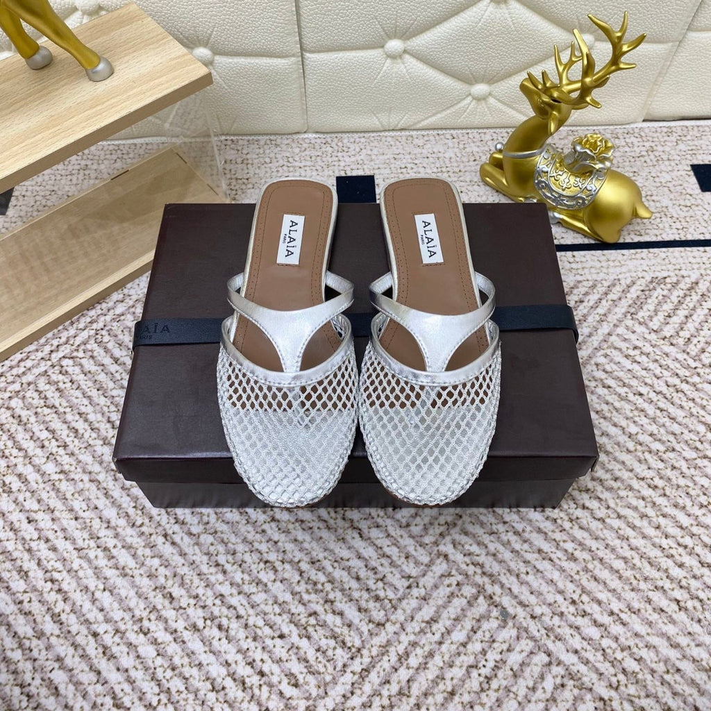 ALAIA BREATHABLE FLAT-TOE MULES 25S IN SILVER CALFSKIN