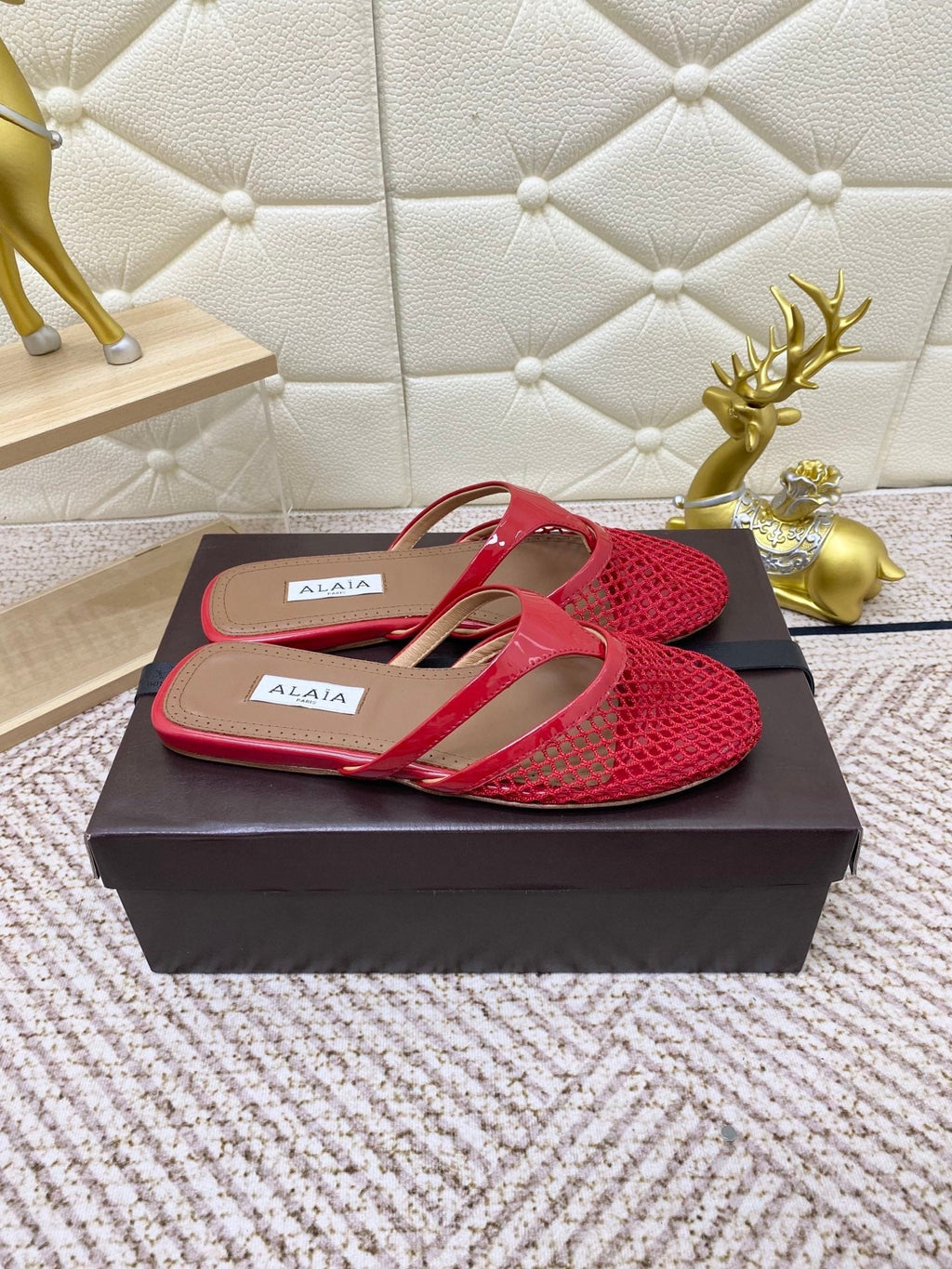 ALAIA BREATHABLE FLAT-TOE MULES 25S IN RED CALFSKIN
