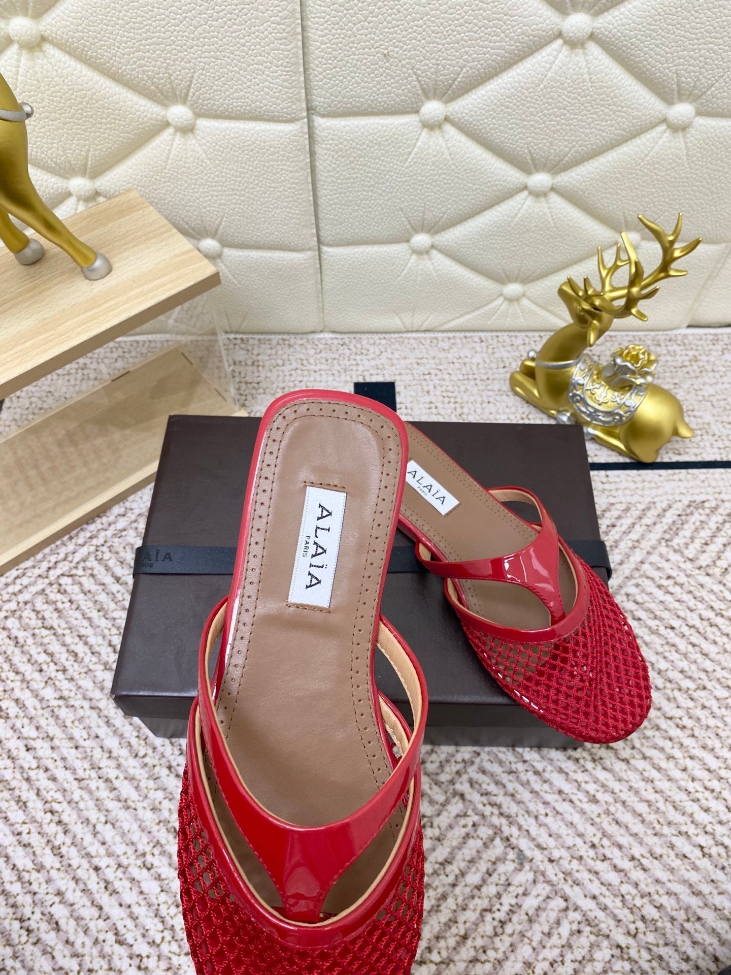 ALAIA BREATHABLE FLAT-TOE MULES 25S IN RED CALFSKIN