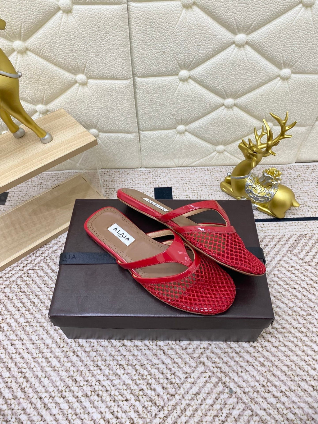 ALAIA BREATHABLE FLAT-TOE MULES 25S IN RED CALFSKIN