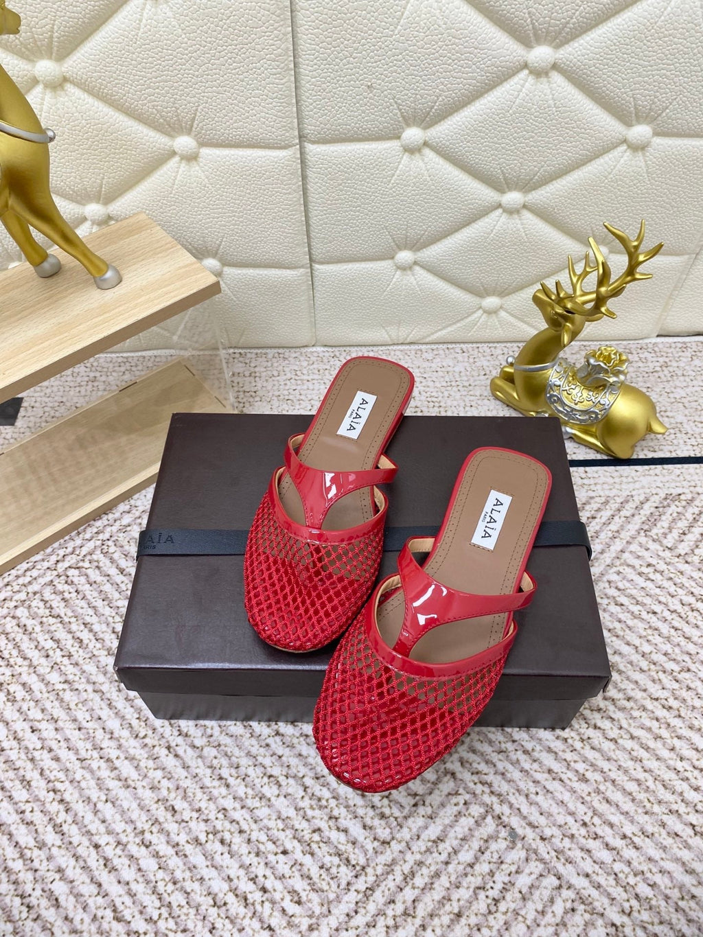 ALAIA BREATHABLE FLAT-TOE MULES 25S IN RED CALFSKIN