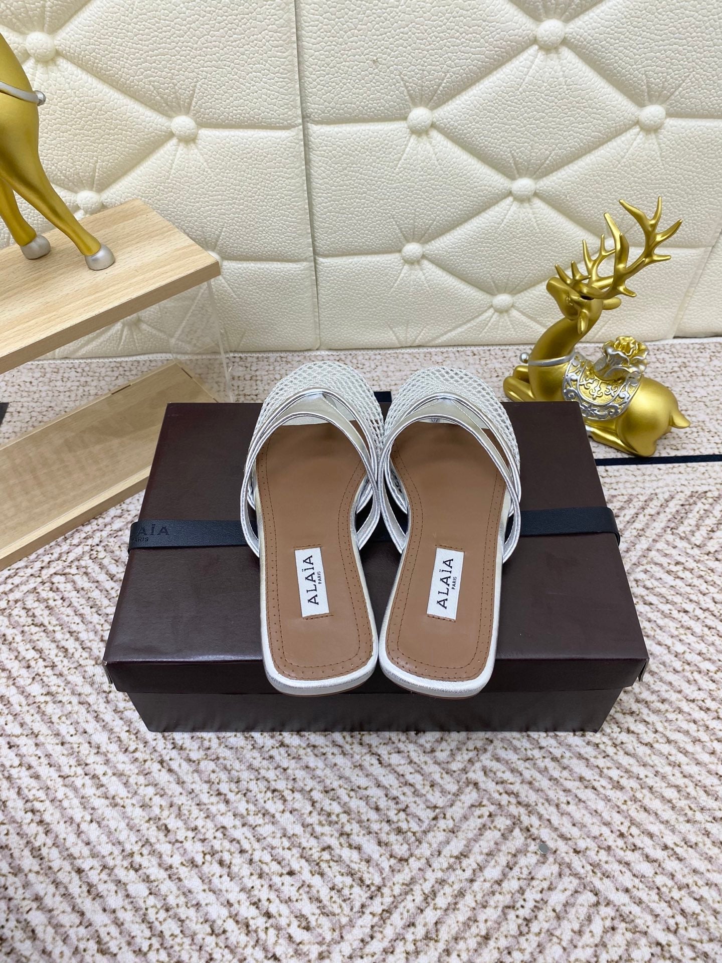 ALAIA BREATHABLE FLAT-TOE MULES 25S IN SILVER CALFSKIN