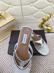 ALAIA BREATHABLE FLAT-TOE MULES 25S IN SILVER CALFSKIN