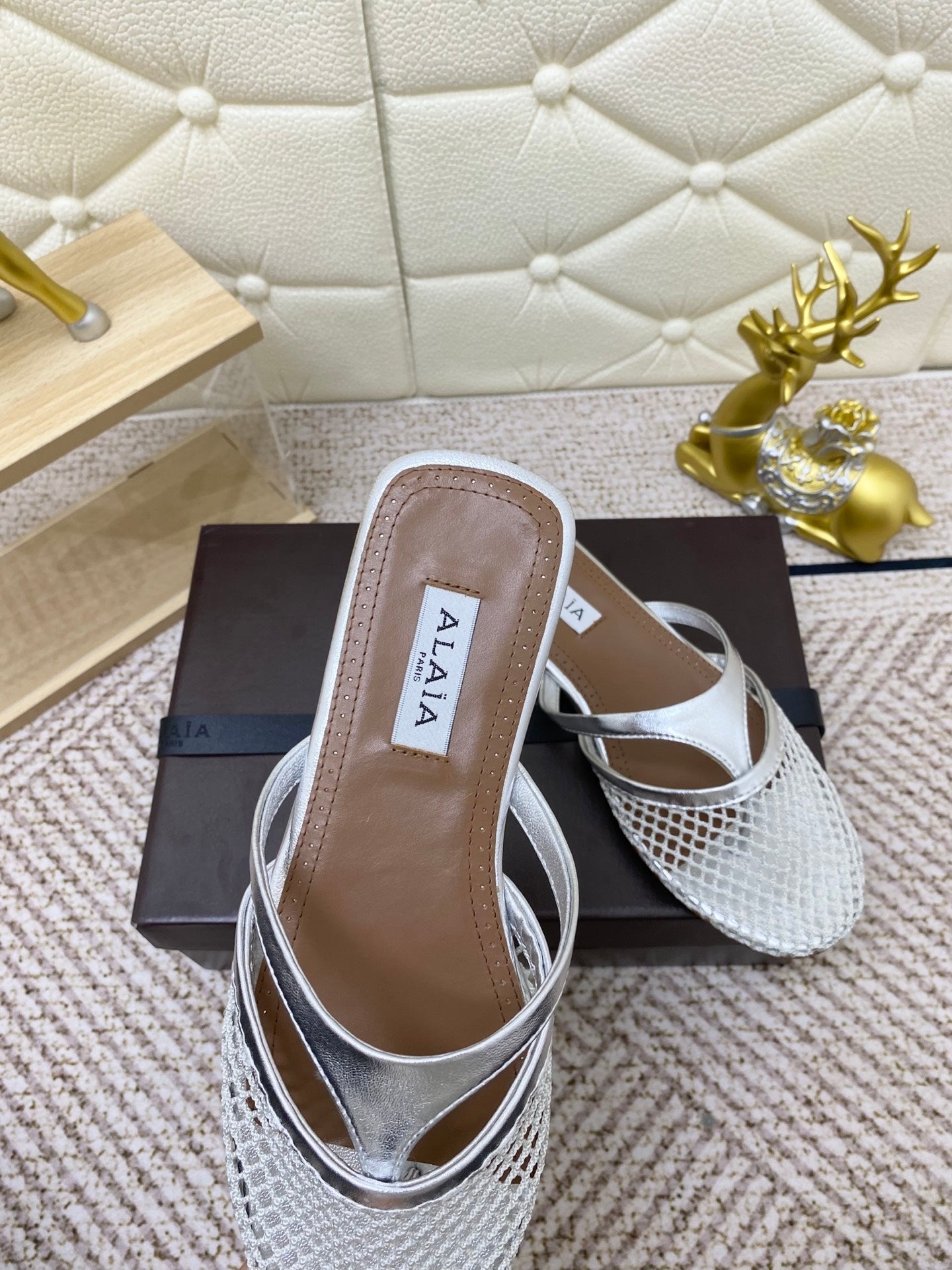 ALAIA BREATHABLE FLAT-TOE MULES 25S IN SILVER CALFSKIN