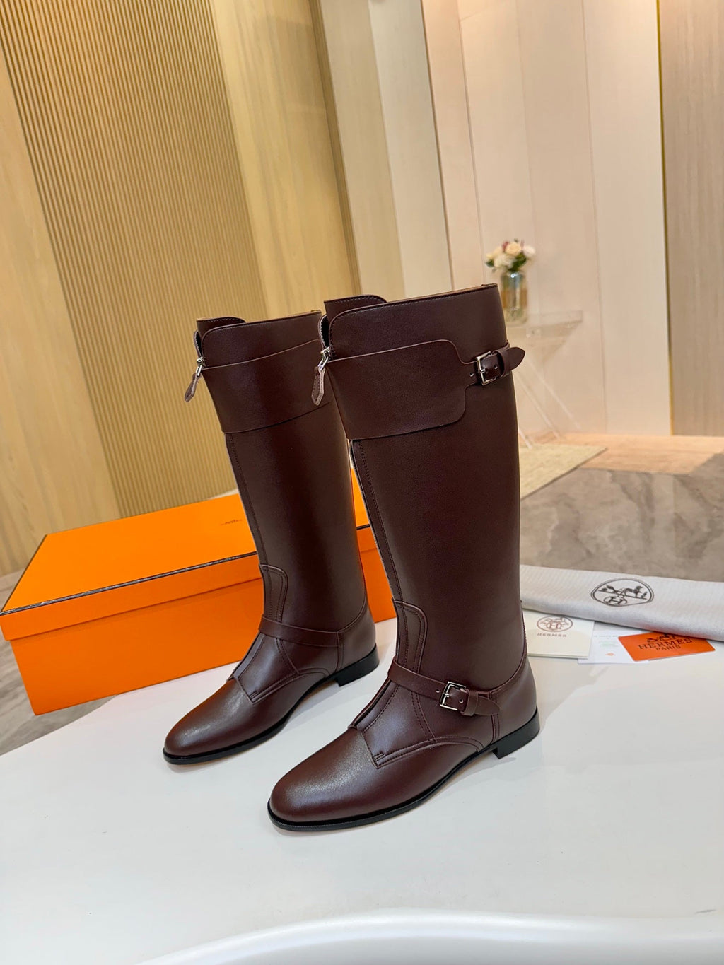HM 25S RIDING BOOTS IN DARK BROWN LAMBSKIN WITH SILVER HARDWARE