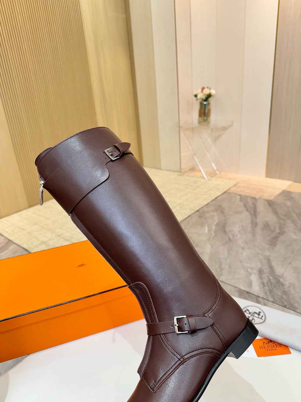 HM 25S RIDING BOOTS IN DARK BROWN LAMBSKIN WITH SILVER HARDWARE