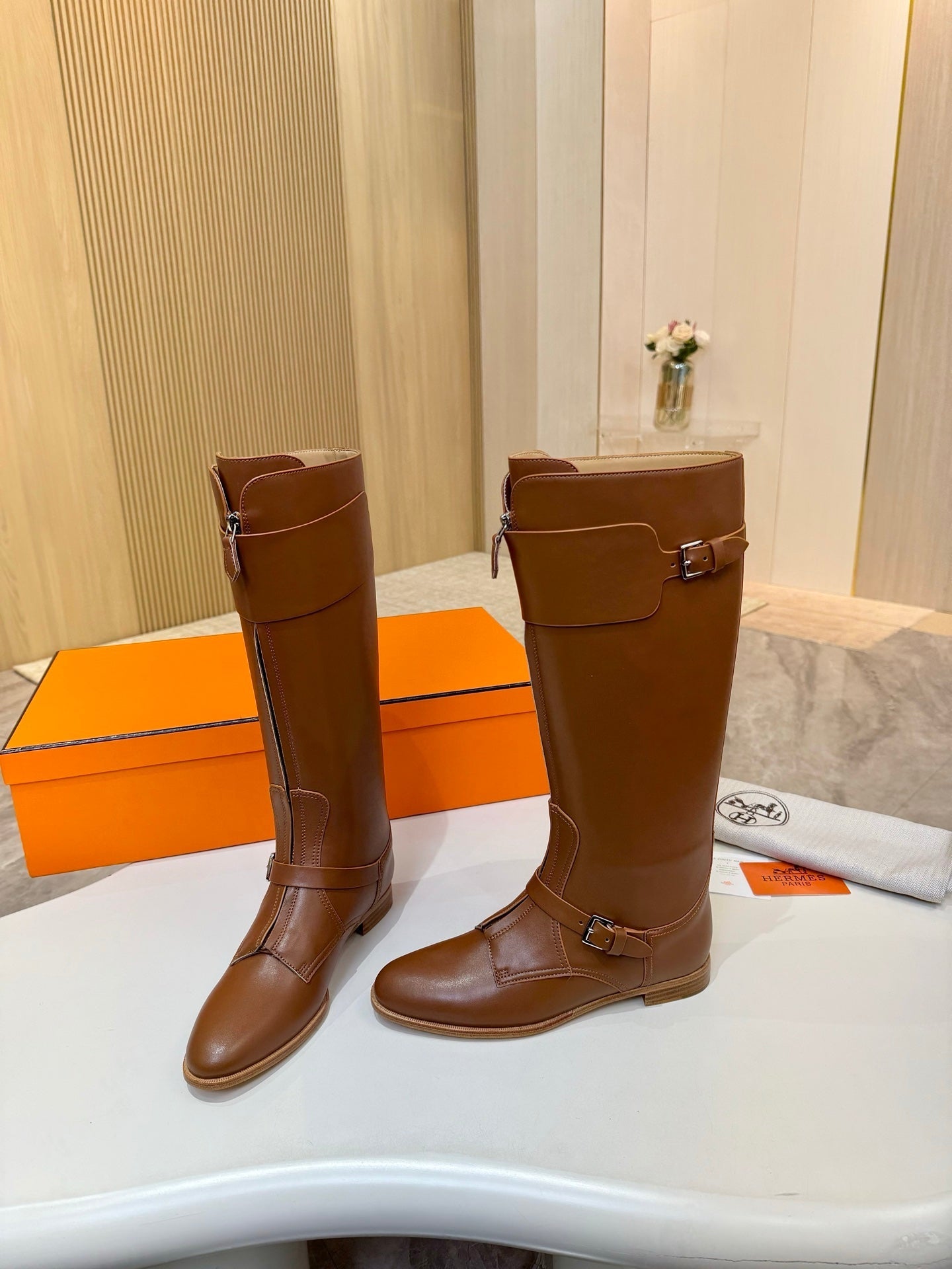 HM 25S RIDING BOOTS IN BROWN LAMBSKIN WITH SILVER HARDWARE