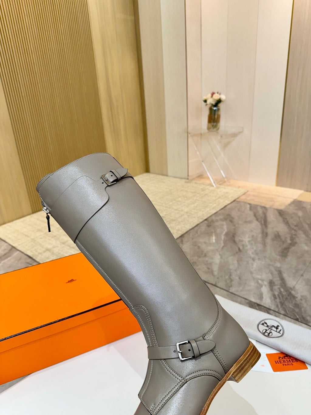 HM 25S RIDING BOOTS IN GREY LAMBSKIN WITH SILVER HARDWARE