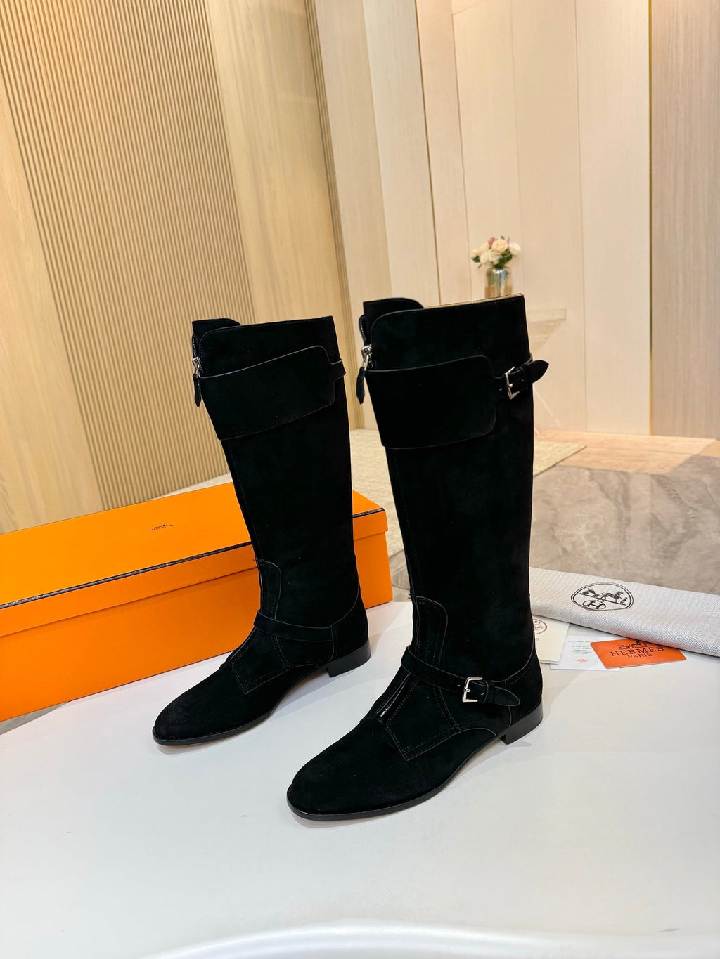 HM 25S RIDING BOOTS IN BLACK SUEDE WITH SILVER HARDWARE