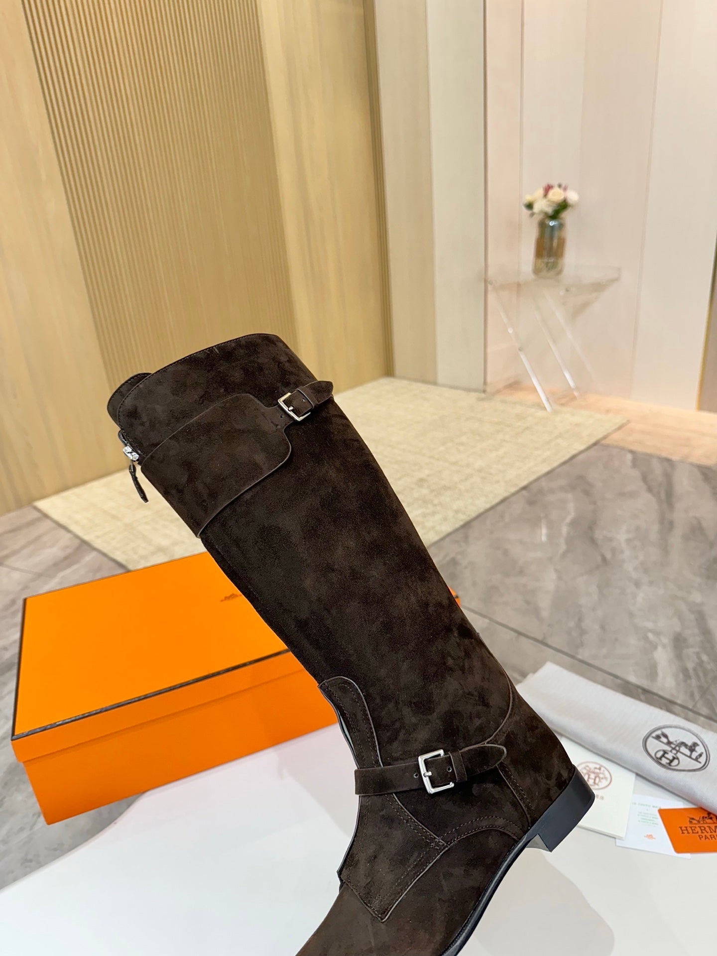 HM 25S RIDING BOOTS IN DARK COFFEE BROWN SUEDE WITH SILVER HARDWARE