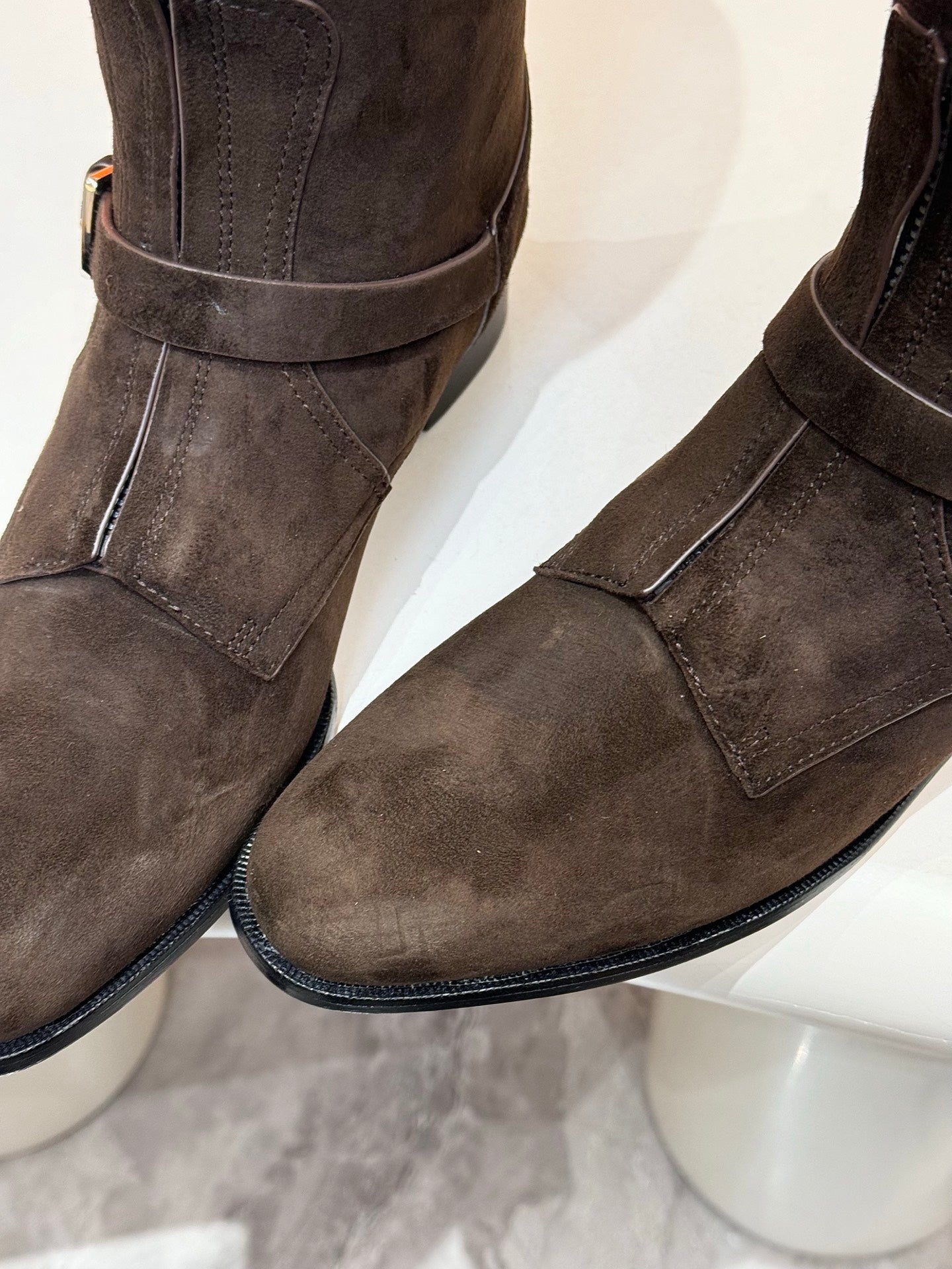 HM 25S RIDING BOOTS IN DARK COFFEE BROWN SUEDE WITH SILVER HARDWARE