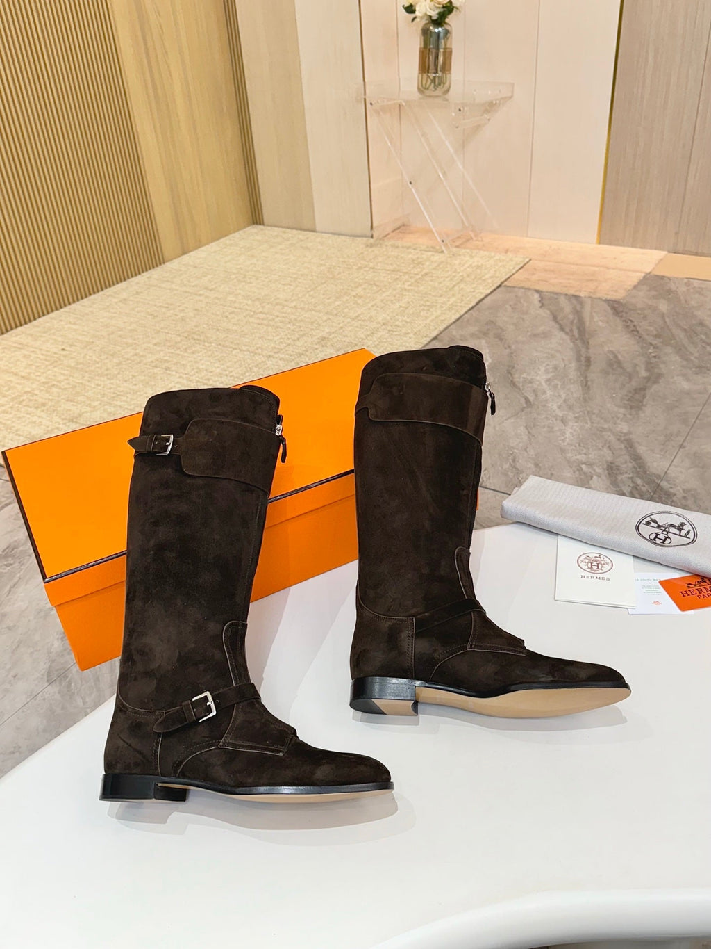 HM 25S RIDING BOOTS IN DARK COFFEE BROWN SUEDE WITH SILVER HARDWARE