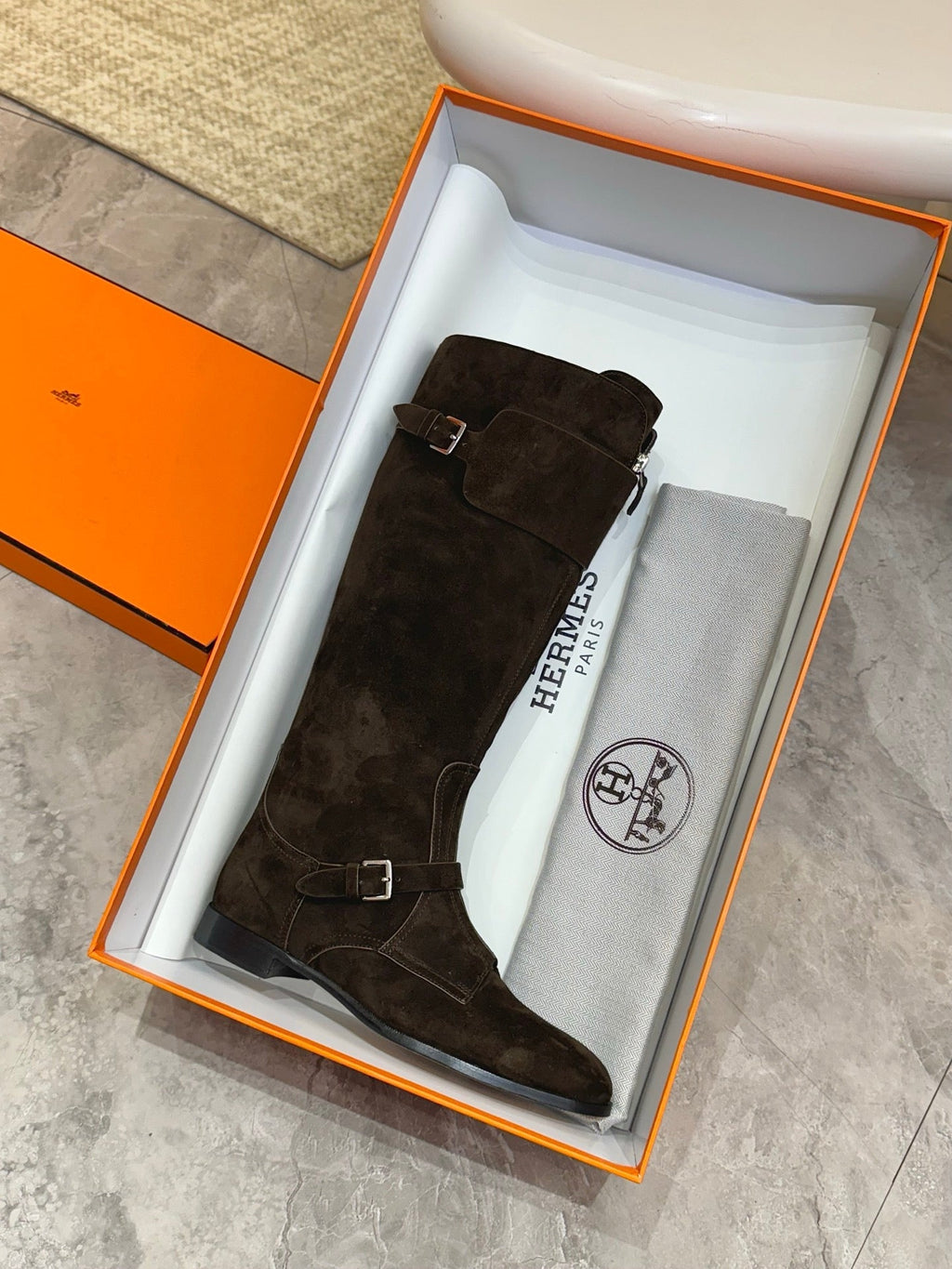 HM 25S RIDING BOOTS IN DARK COFFEE BROWN SUEDE WITH SILVER HARDWARE