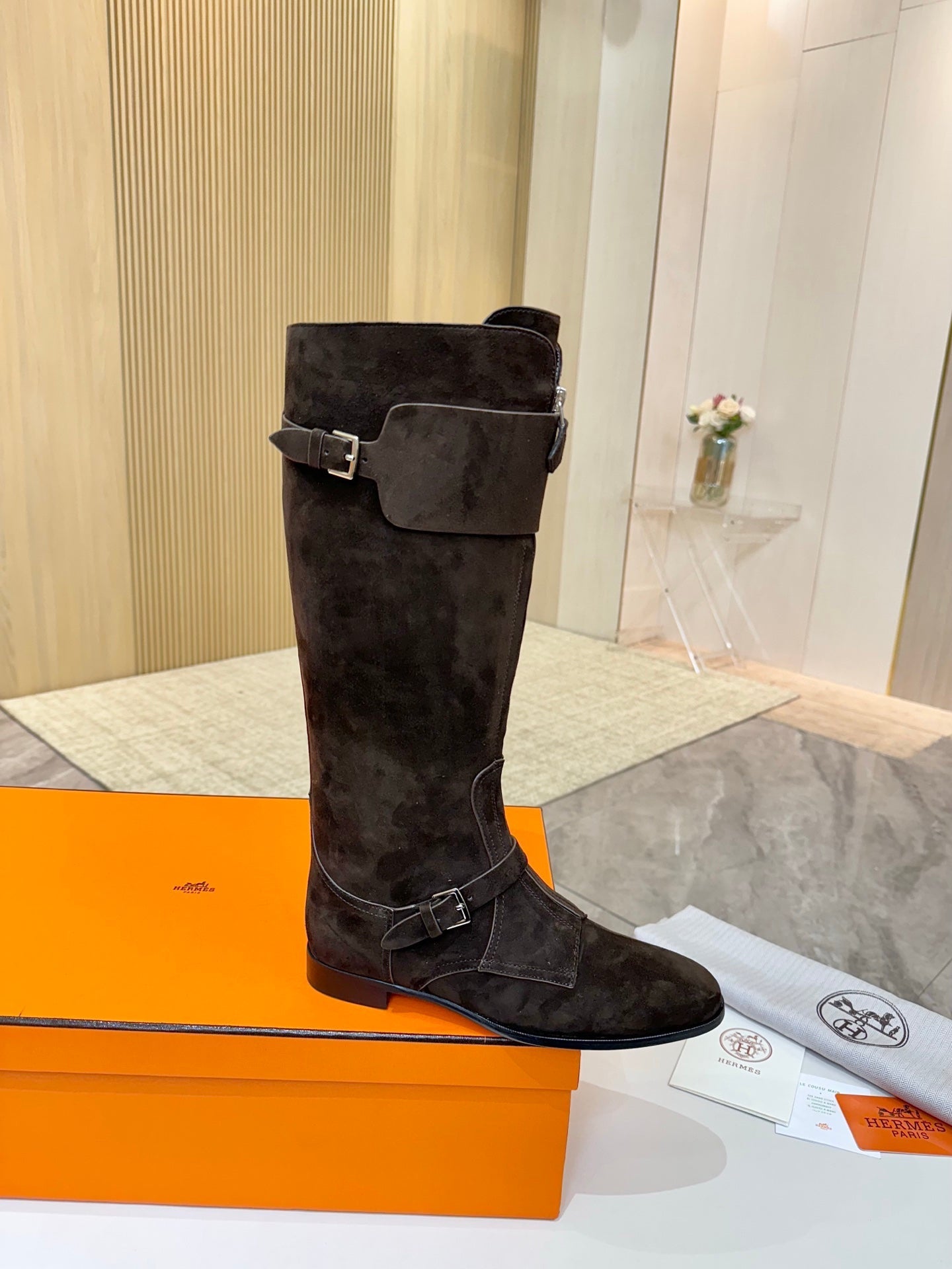 HM 25S RIDING BOOTS IN DARK COFFEE BROWN SUEDE WITH SILVER HARDWARE