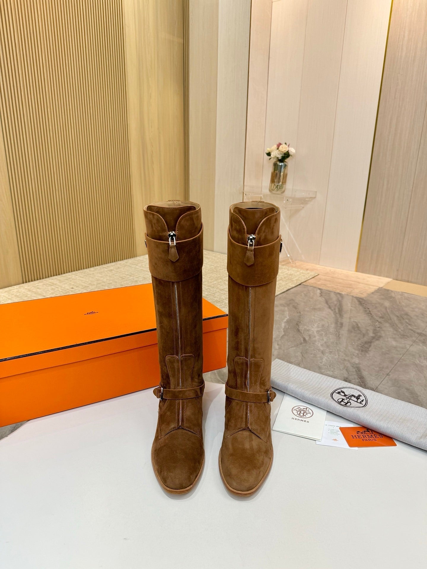 HM 25S RIDING BOOTS IN BROWN SUEDE WITH SILVER HARDWARE