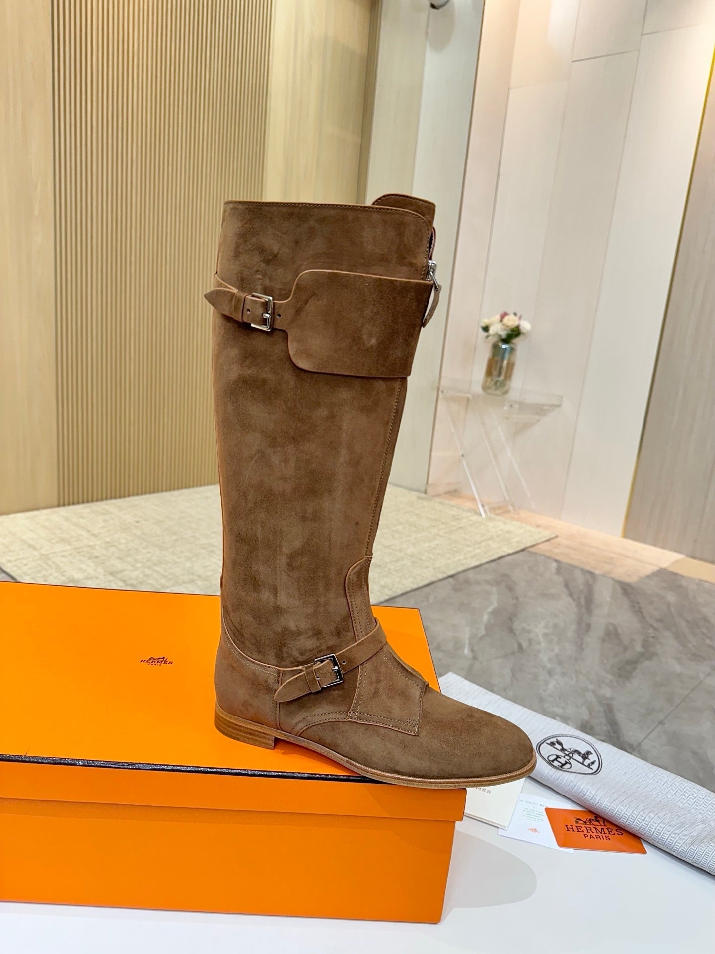 HM 25S RIDING BOOTS IN BROWN SUEDE WITH SILVER HARDWARE