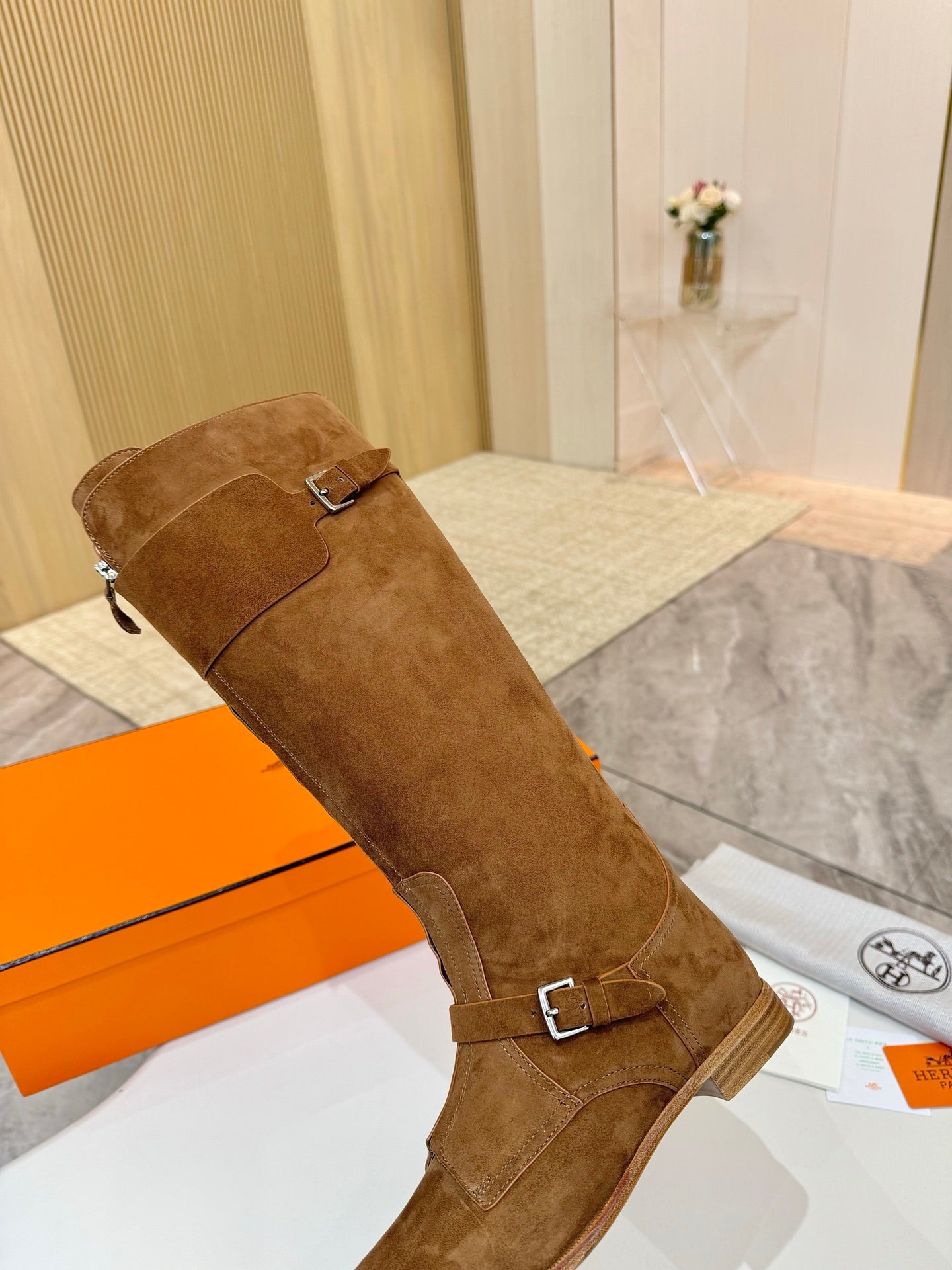 HM 25S RIDING BOOTS IN BROWN SUEDE WITH SILVER HARDWARE