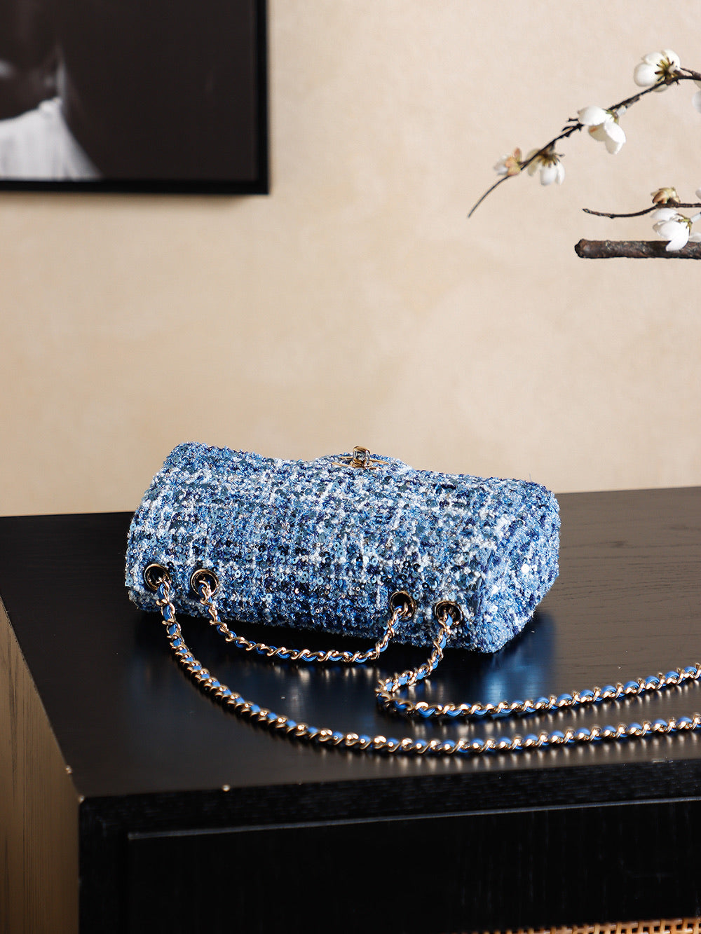 CHANEL 25S FLAP BAG 21 CM IN BLUE SEQUINED TWEED WITH GOLD HARDWARE