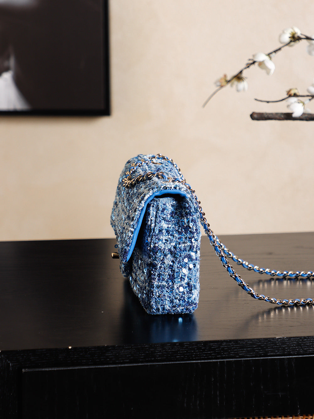 CHANEL 25S FLAP BAG 21 CM IN BLUE SEQUINED TWEED WITH GOLD HARDWARE
