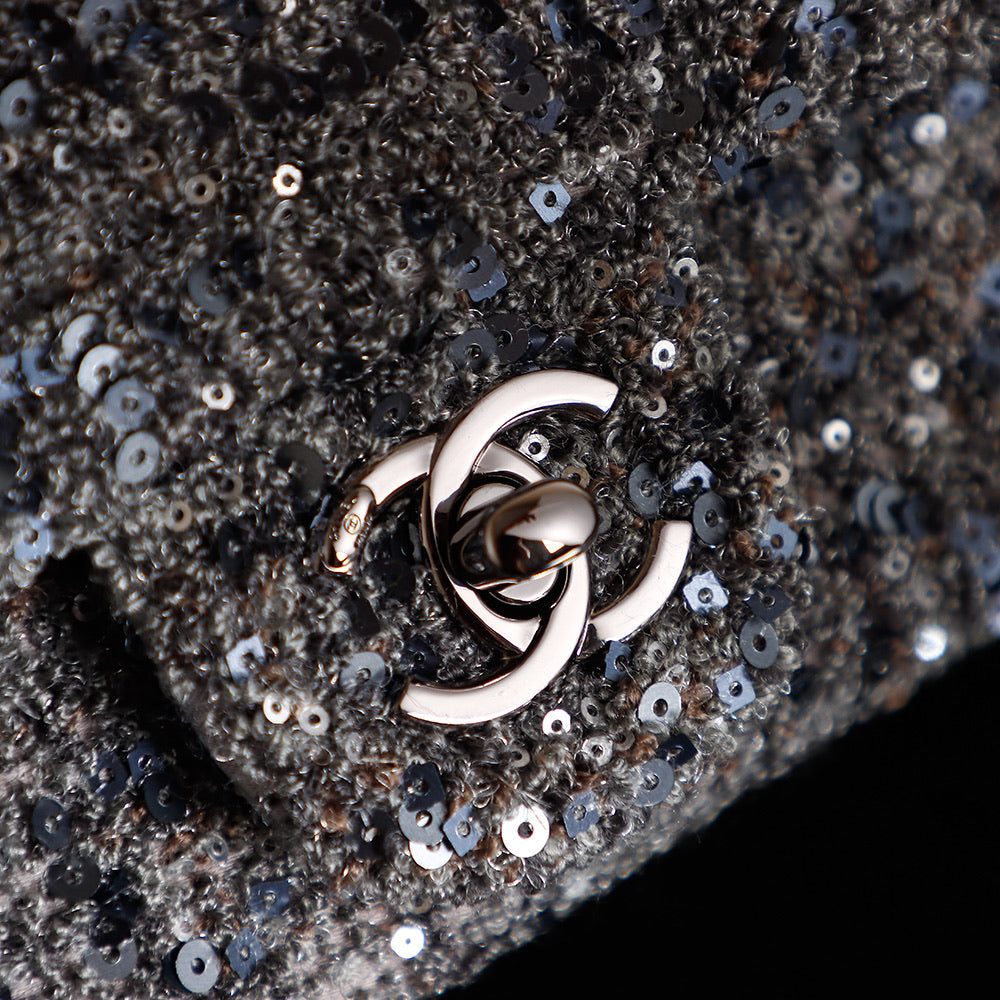 CHANEL 25S FLAP BAG 21 CM IN DARK GREY SEQUINED TWEED