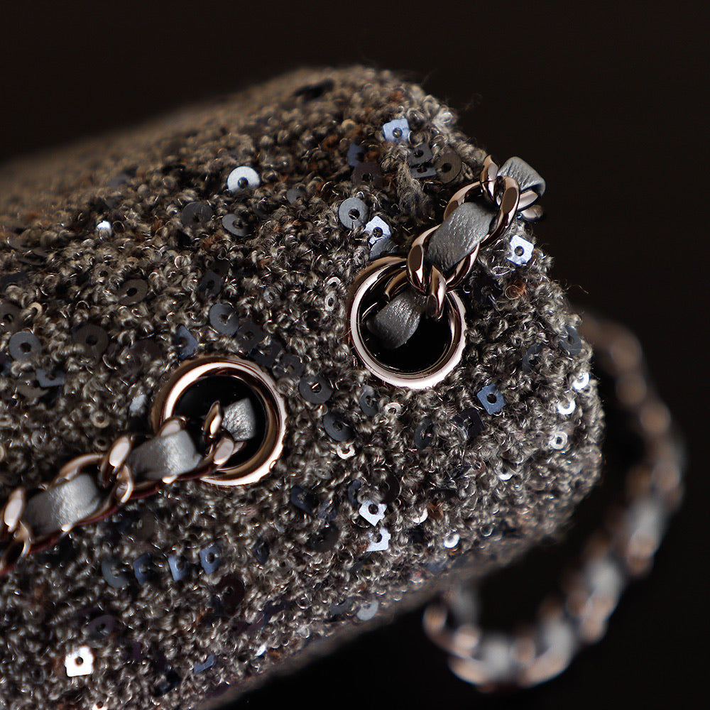 CHANEL 25S FLAP BAG 21 CM IN DARK GREY SEQUINED TWEED