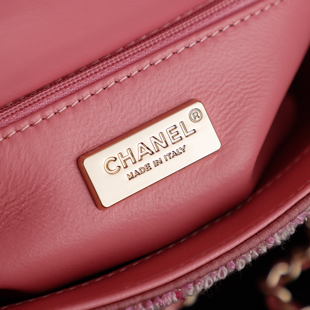 CHANEL 25S FLAP BAG 21 CM IN PINK SEQUINED TWEED WITH GOLD HARDWARE