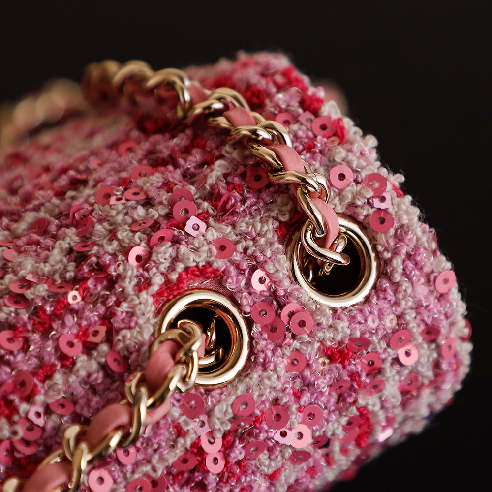 CHANEL 25S FLAP BAG 21 CM IN PINK SEQUINED TWEED WITH GOLD HARDWARE