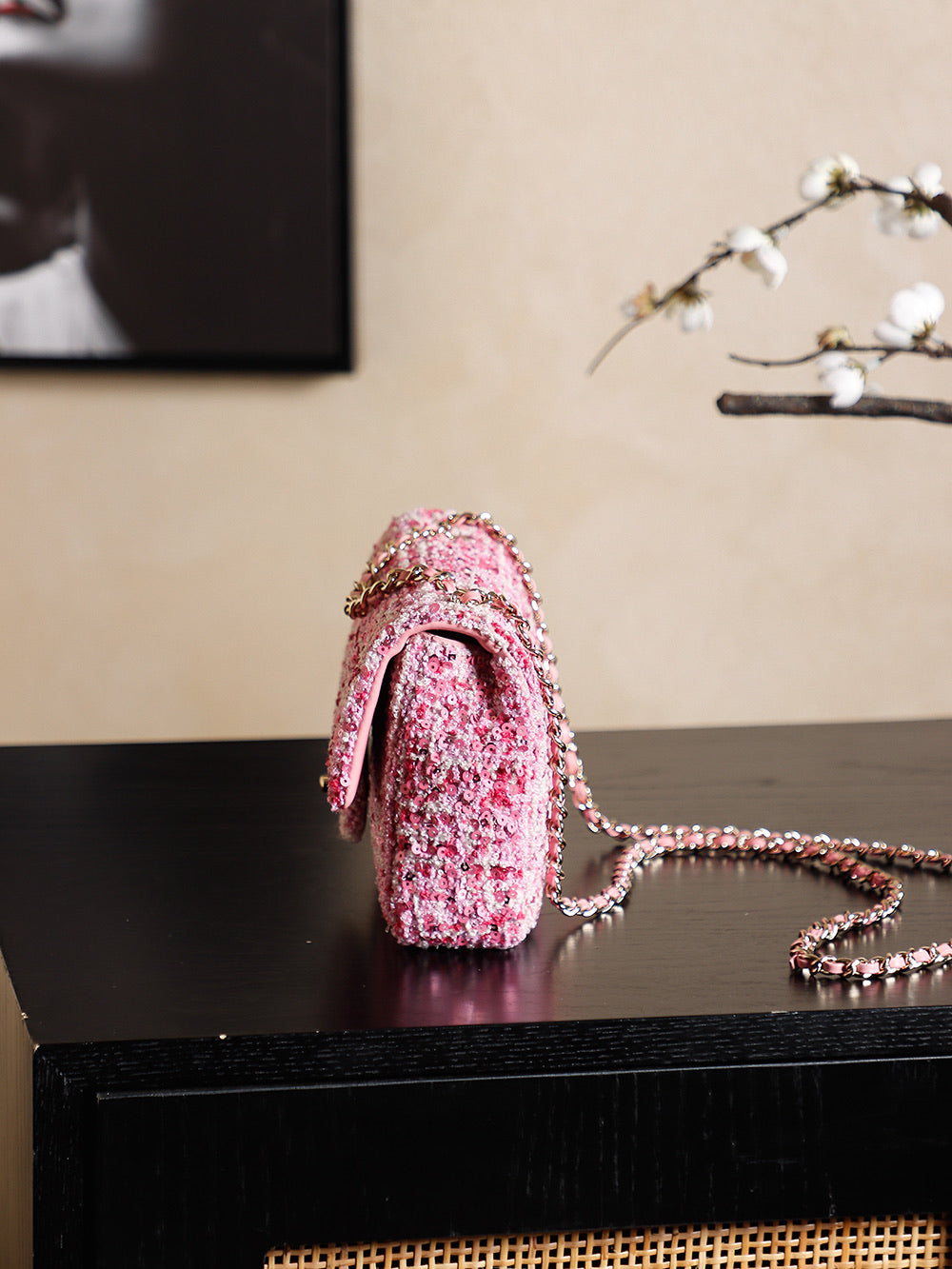 CHANEL 25S FLAP BAG 21 CM IN PINK SEQUINED TWEED WITH GOLD HARDWARE