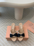 Nude Beige Mid - Heels With Black Bow Calfskin