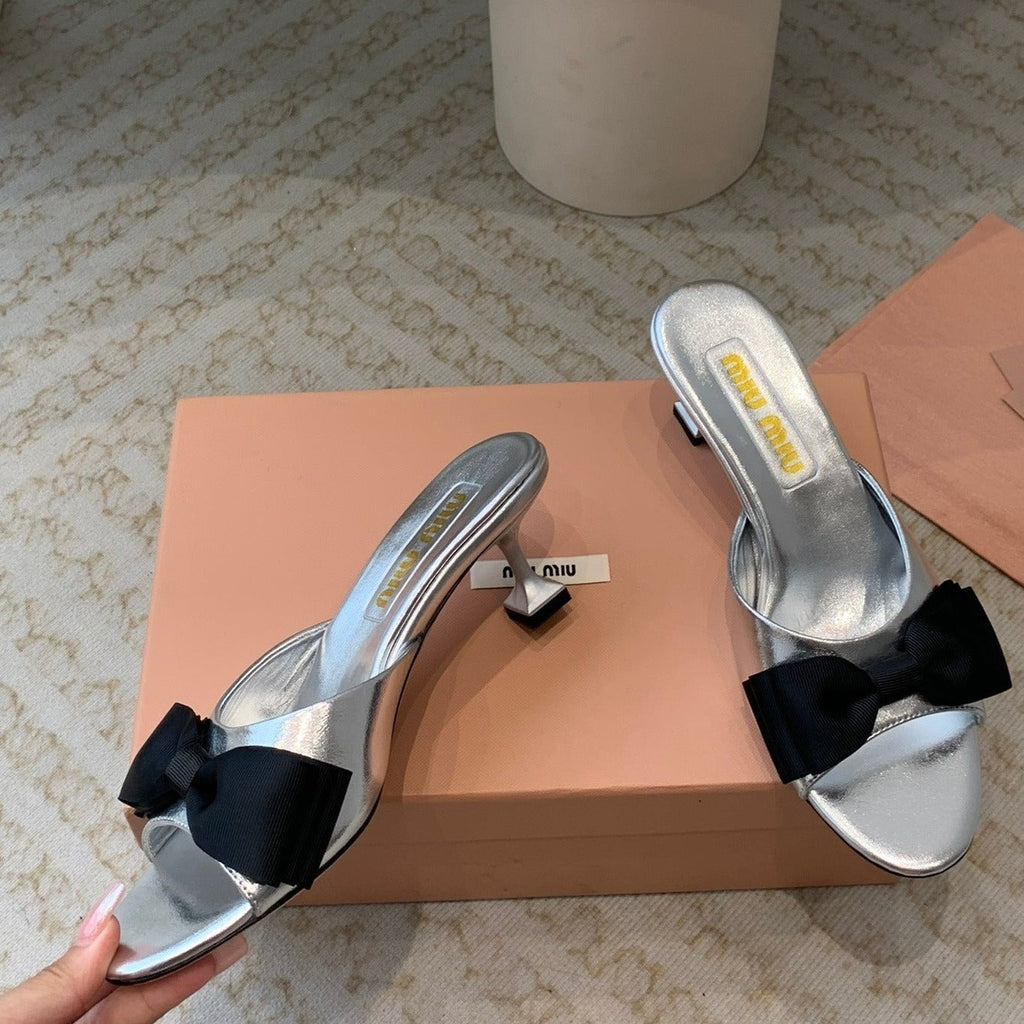 Silver Mid - Heels With Black Bow Calfskin