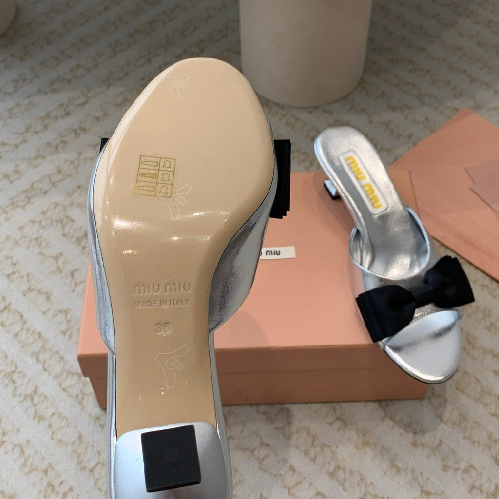 Silver Mid - Heels With Black Bow Calfskin