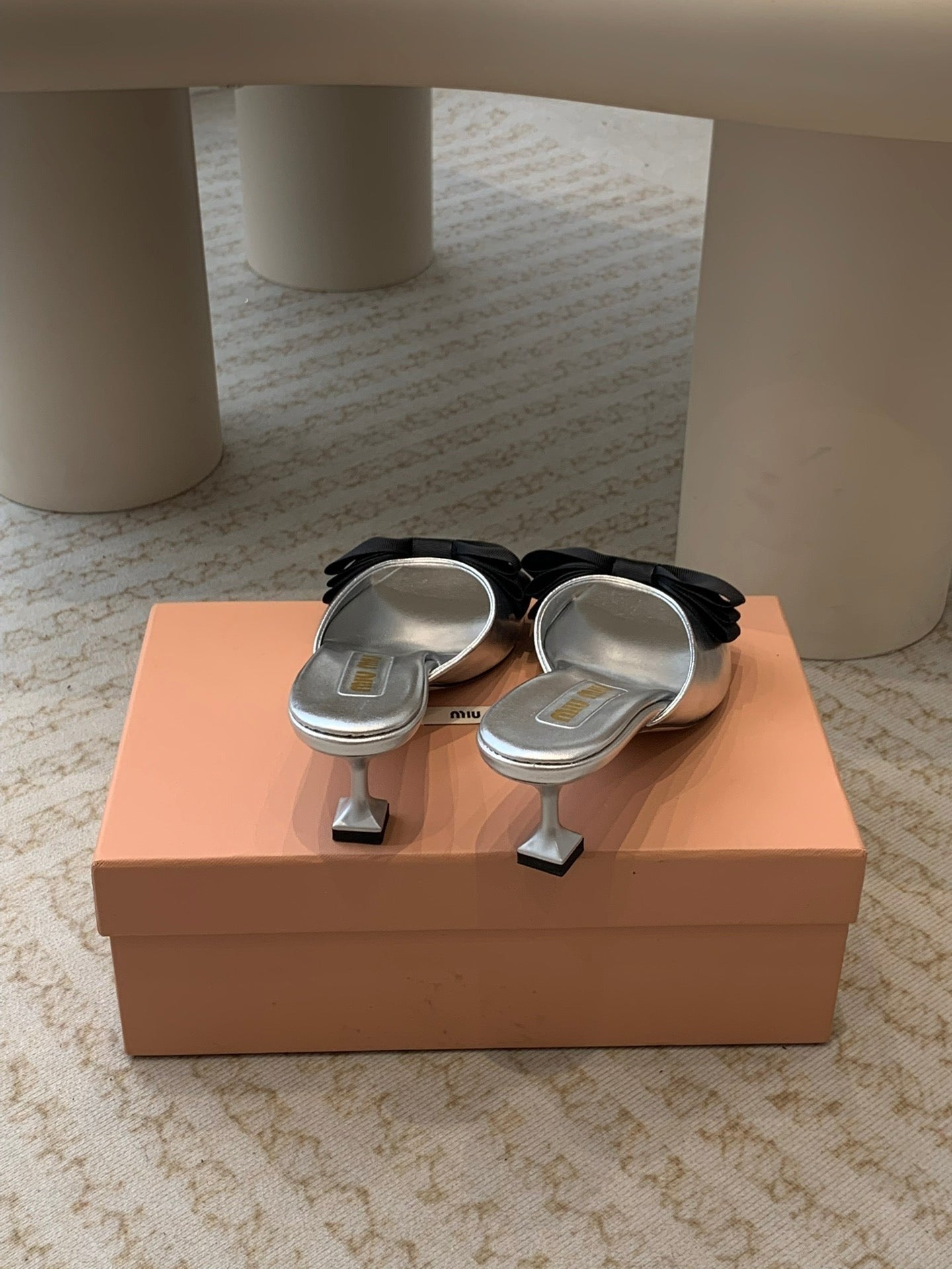 Silver Mid - Heels With Black Bow Calfskin