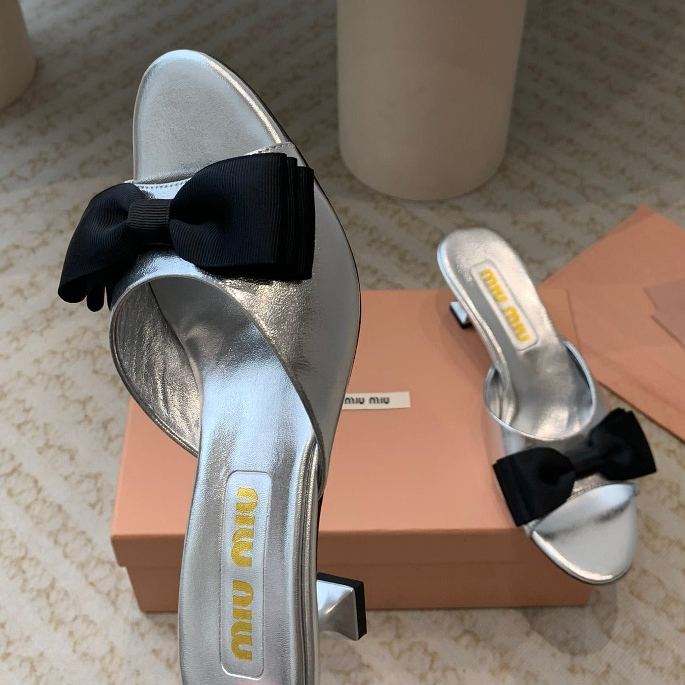 Silver Mid - Heels With Black Bow Calfskin