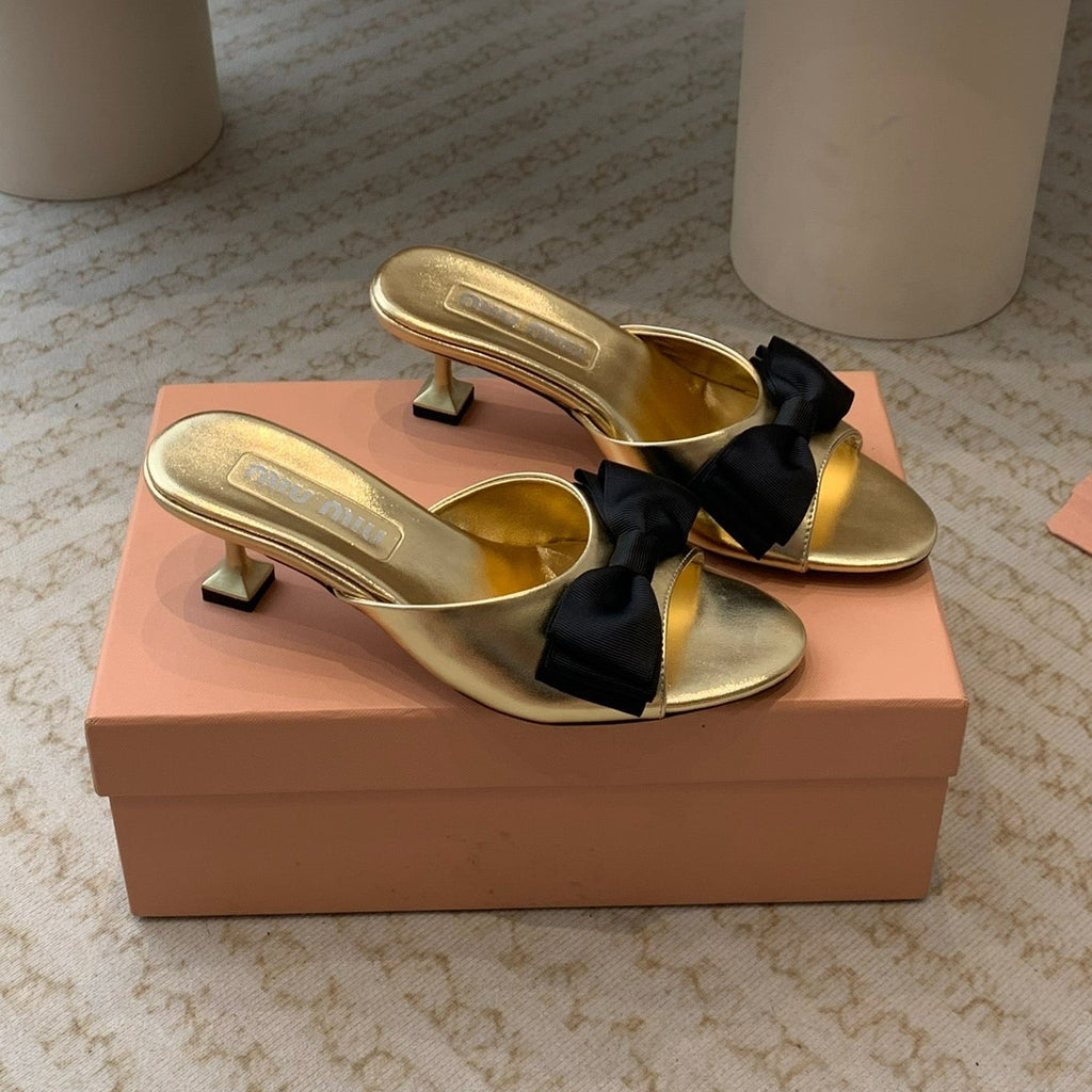 Metallic Gold Mid - Heels With Black Bow Calfskin