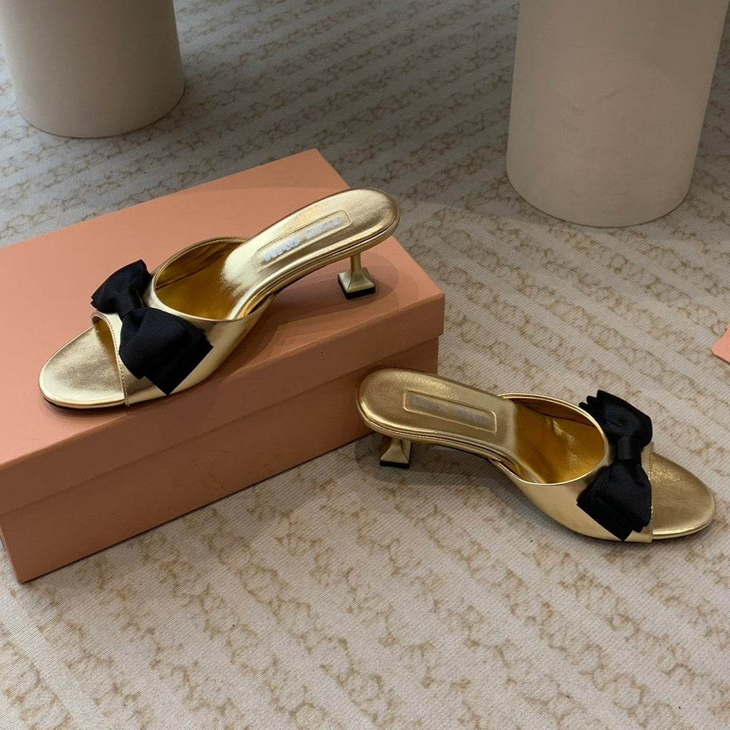 Metallic Gold Mid - Heels With Black Bow Calfskin