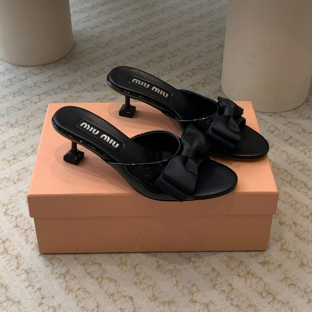 Black Mid - Heels With Black Bow Calfskin