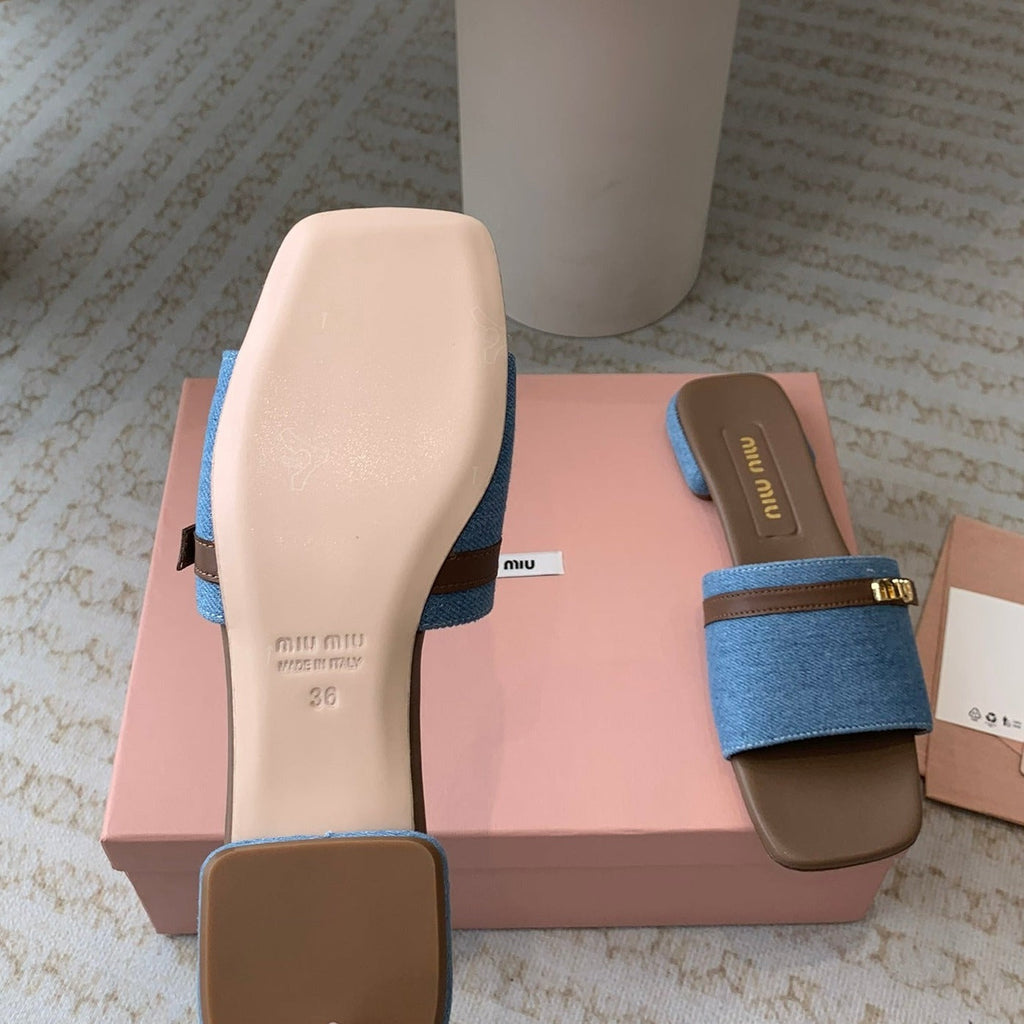 Women's Caramel Denim Slippers With Azure Blue Straps And Belt