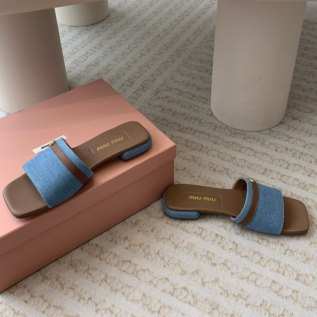 Women's Caramel Denim Slippers With Azure Blue Straps And Belt
