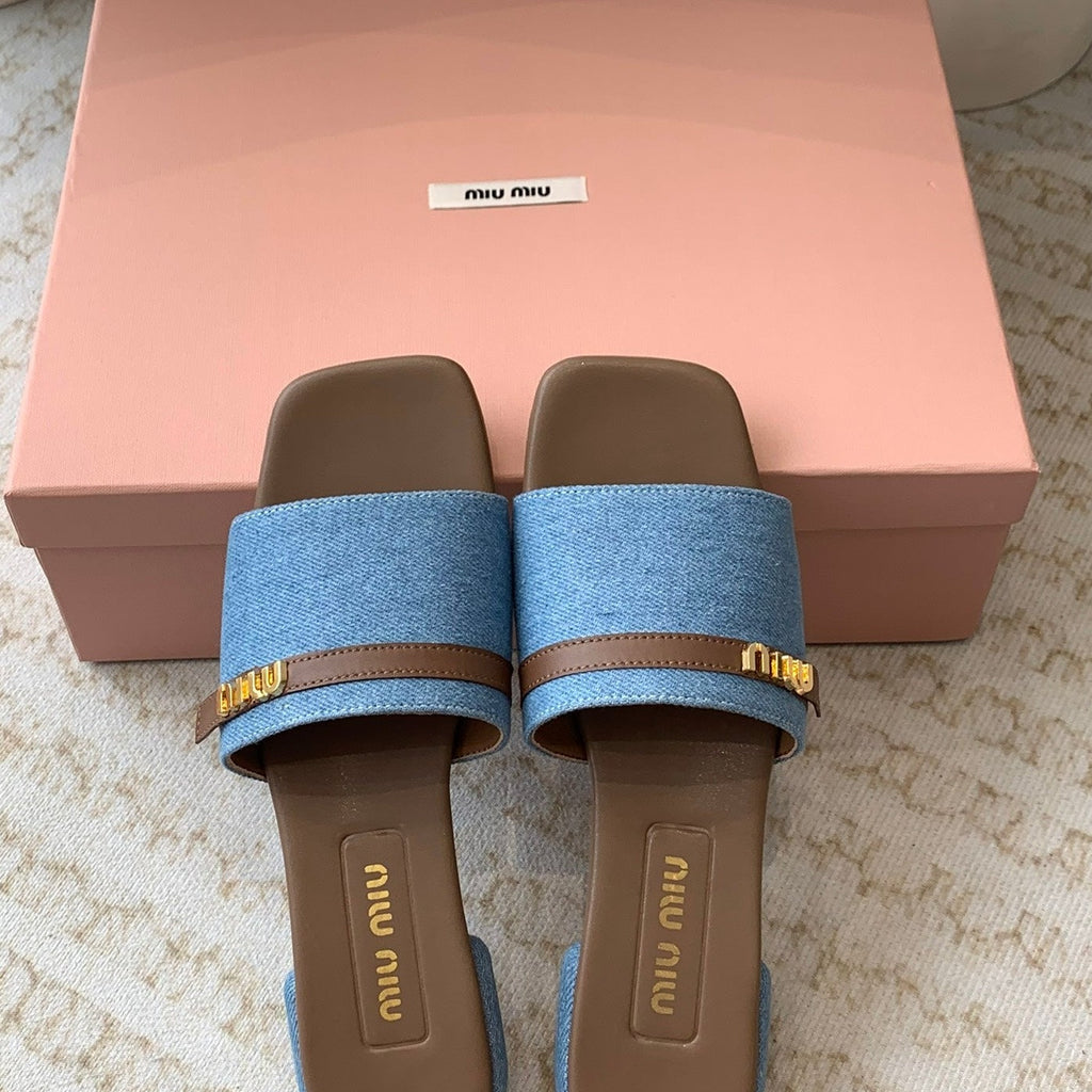 Women's Caramel Denim Slippers With Azure Blue Straps And Belt