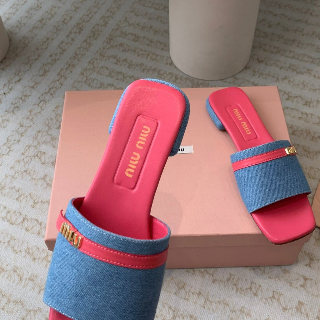 Women's Deep Pink Denim Slippers With Azure Blue Straps And Belt