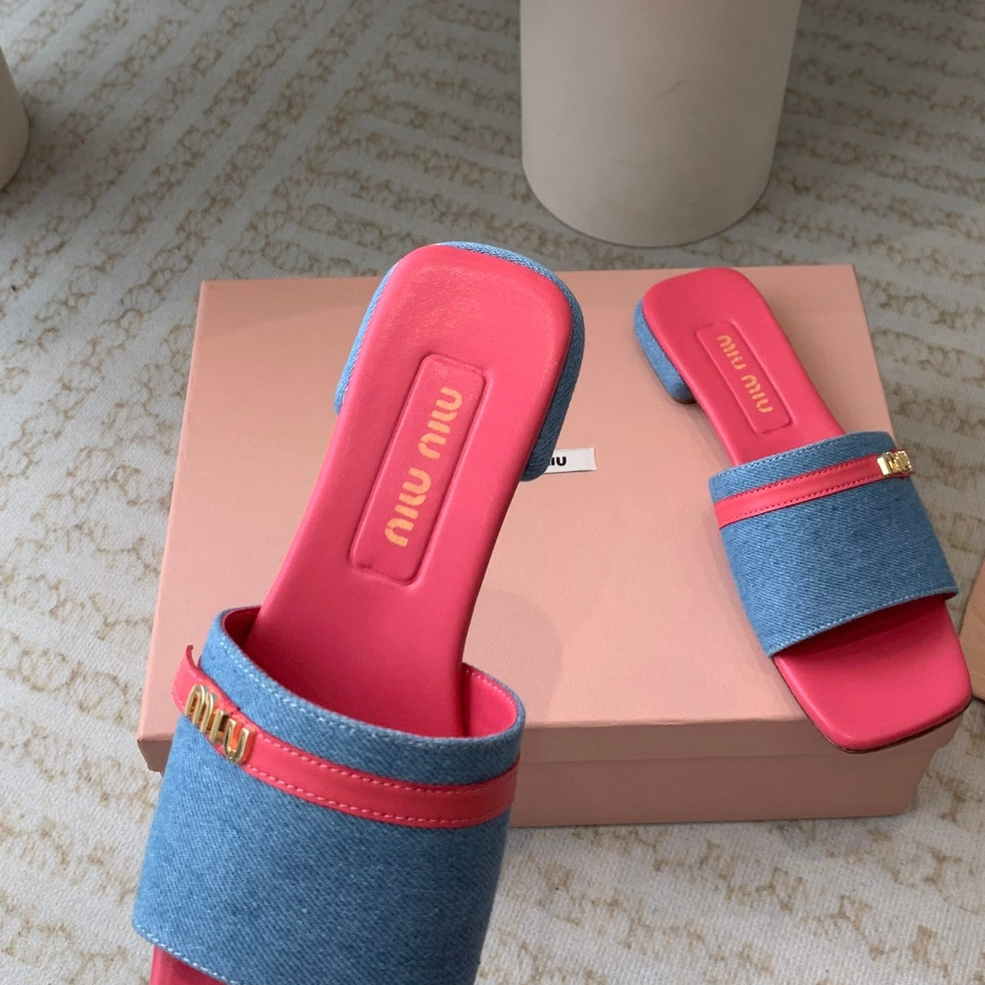 Women's Deep Pink Denim Slippers With Azure Blue Straps And Belt