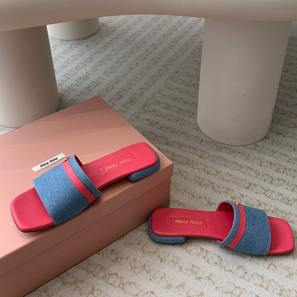 Women's Deep Pink Denim Slippers With Azure Blue Straps And Belt