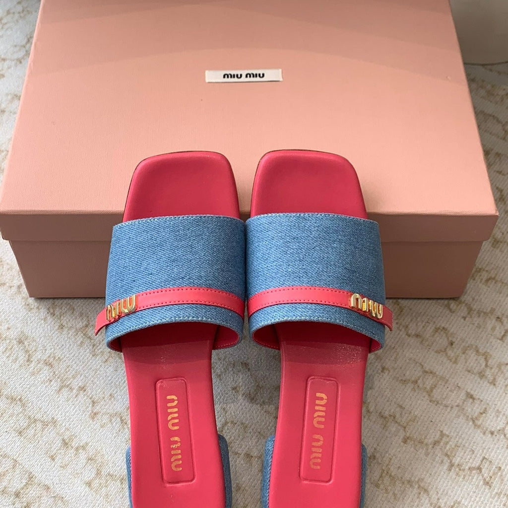 Women's Deep Pink Denim Slippers With Azure Blue Straps And Belt