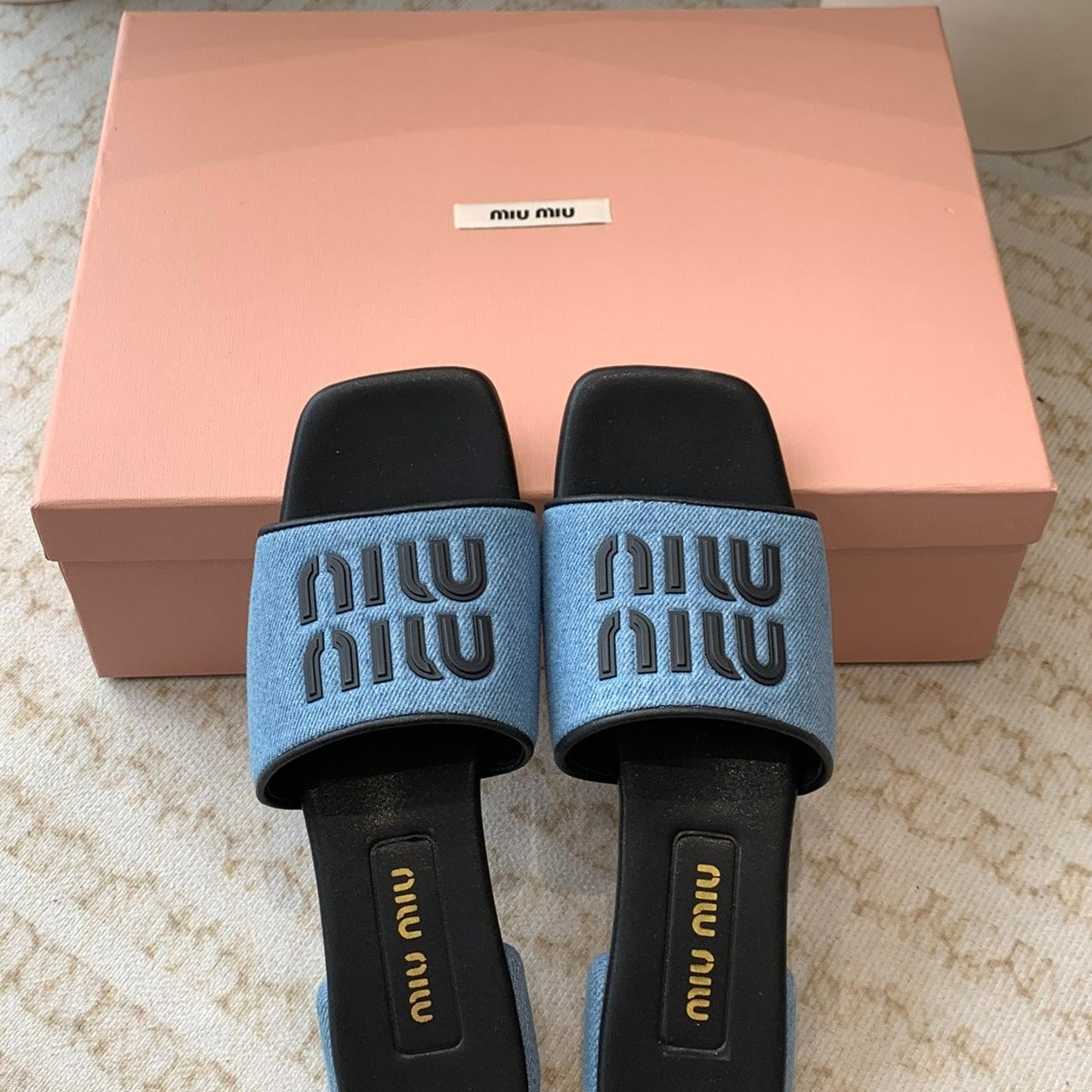 Women's Black Denim Slippers With Azure Blue Straps