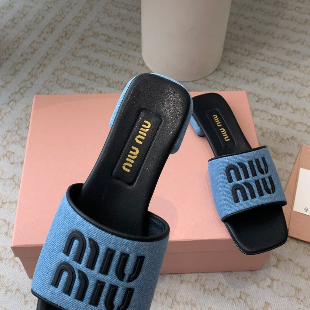 Women's Black Denim Slippers With Azure Blue Straps