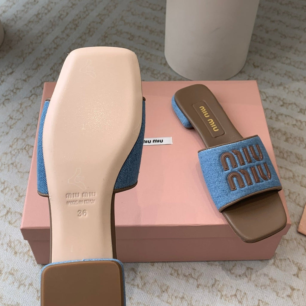 Women's Caramel Denim Slippers With Azure Blue Straps