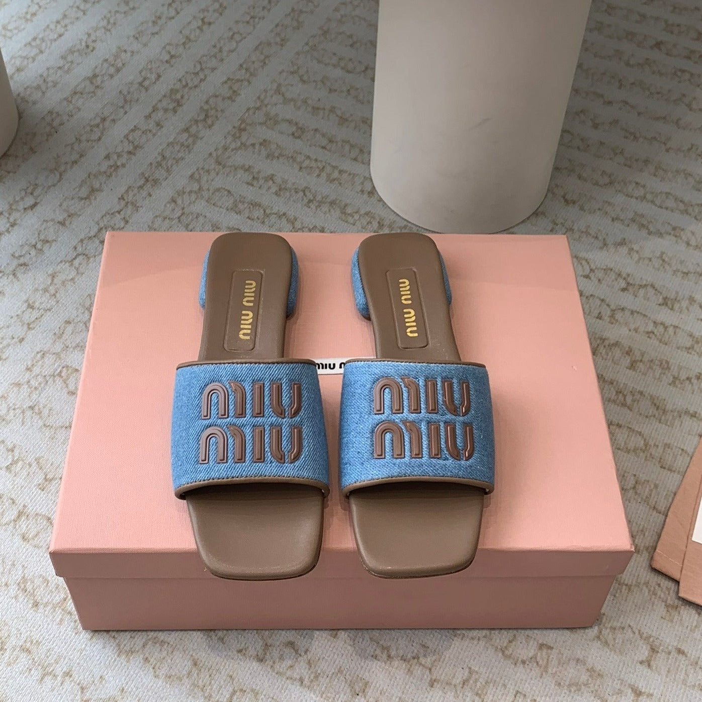 Women's Caramel Denim Slippers With Azure Blue Straps