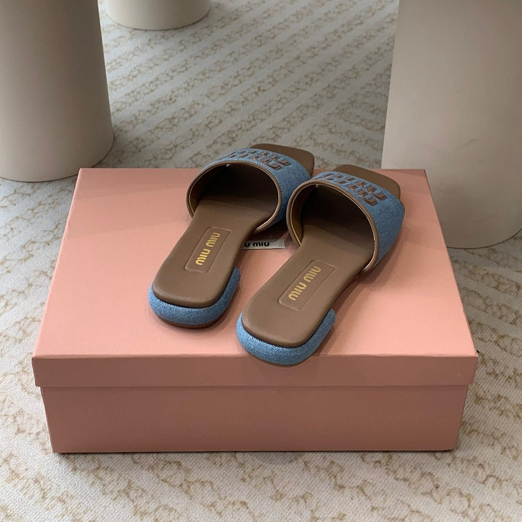 Women's Caramel Denim Slippers With Azure Blue Straps