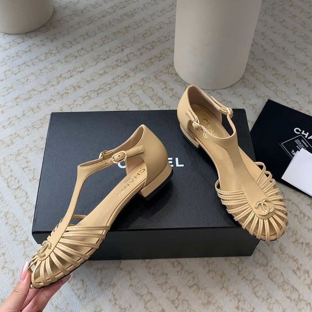 Summer New Hollow Roman Sandals Metalic gold Sheepskin